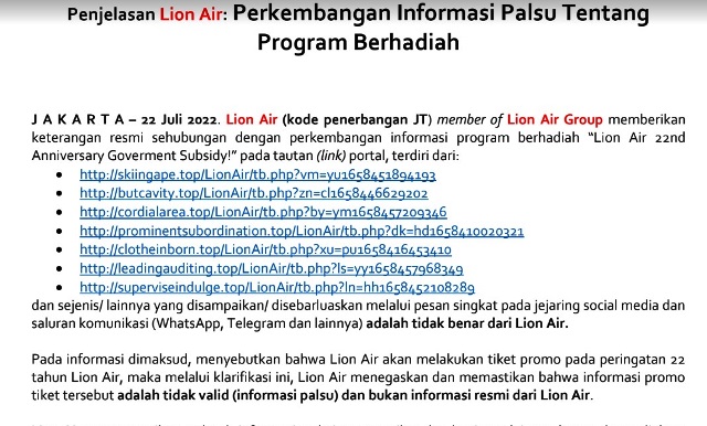 Penjelasan Lion Air Tentang Hoaks Program Berhadiah