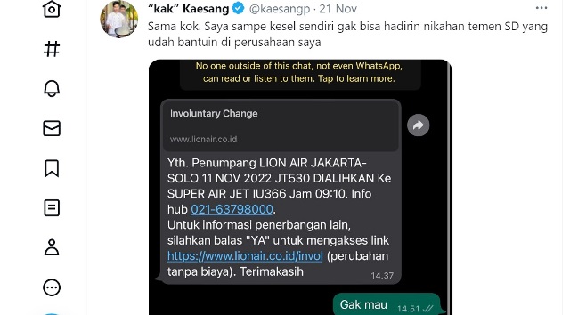 Lion Air Minta Maaf Usai Ubah Jadwal Penerbangan Kaesang Pangarep